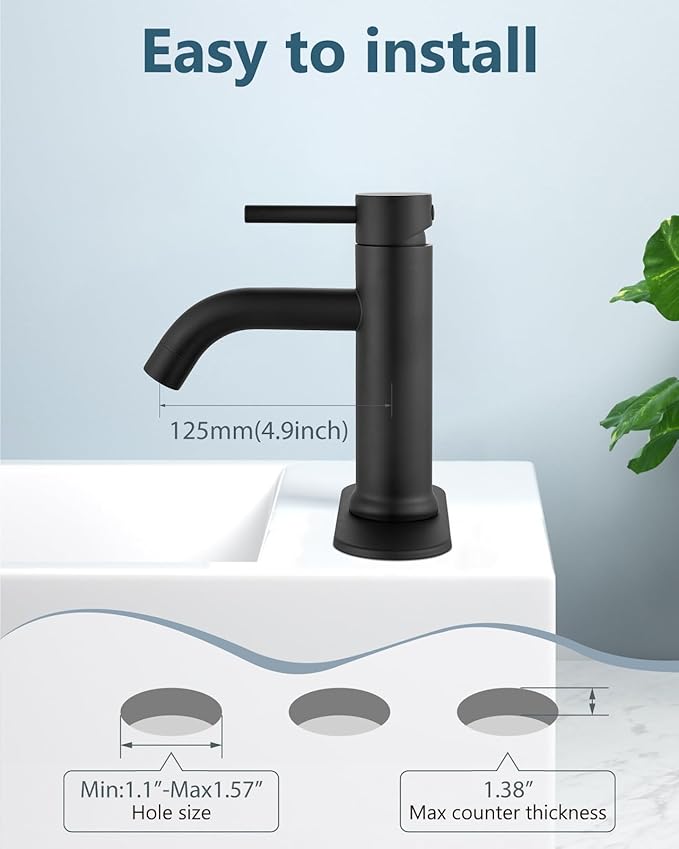 Aolemi Bathroom Faucet Single Hole,Single Handle Bathroom Sink Faucet with Supply Lines,with Pop Up Drain Assembly and Deck Plate,Matte Black