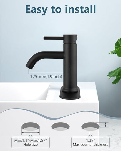 Aolemi Bathroom Faucet Single Hole,Single Handle Bathroom Sink Faucet with Supply Lines,with Pop Up Drain Assembly and Deck Plate,Matte Black
