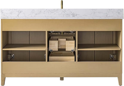 Vanity Art 60" Bathroom Vanity with Single Sink & Arabescato White Engineered Stone Top, Vanity Cabinet with Soft Closing Door, Solid Wood Frame, Golden Brushed Handles, Natural Oak VA8160S-NO-GB