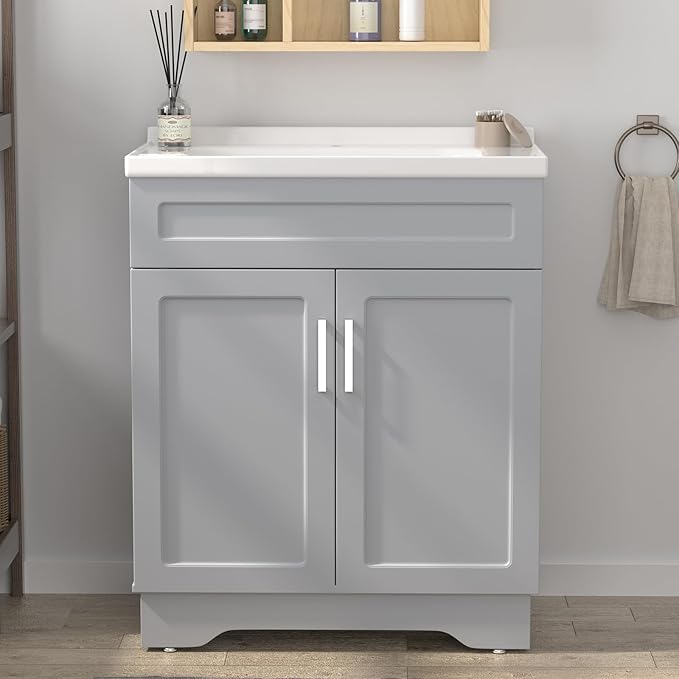 OLD CAPTAIN Bathroom Vanity with Ceramic Sink, Wooden Double Door Bathroom Vanity, 32 Inch Bath Cabinet with Sink and Storage, Grey