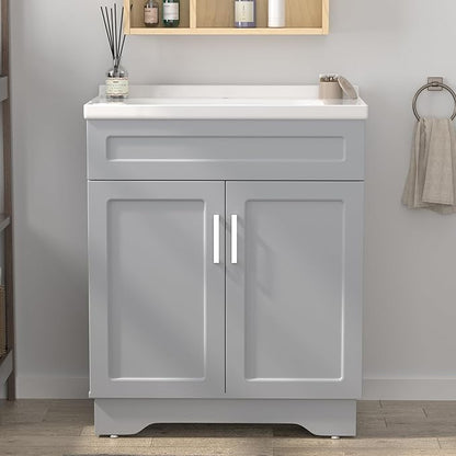 OLD CAPTAIN Bathroom Vanity with Ceramic Sink, Wooden Double Door Bathroom Vanity, 32 Inch Bath Cabinet with Sink and Storage, Grey