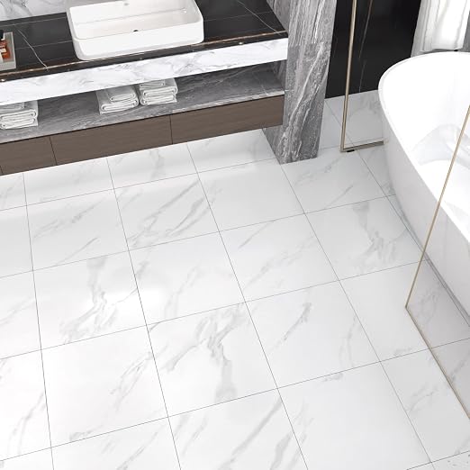 Marble Peel and Stick Floor Tile Bathroom Waterproof Vinyl Tiles | Self Adhesive Marble Sticky Tiles for Floor Bedroom Kitchen Camper Laundry Peel and Stick Tile Flooring 20 PCS 12"x12" White