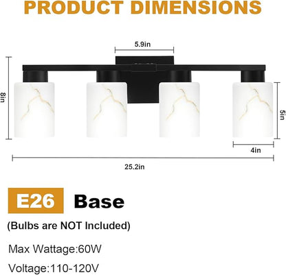 4-Light Bathroom Light Fixtures, Modern Vanity Lights, Black Metal Wall Lamp with White Marble Glass for Bathroom, Mirror, Living Room, Bedroom, Cabinet, Porch, Hallway, E26 Base