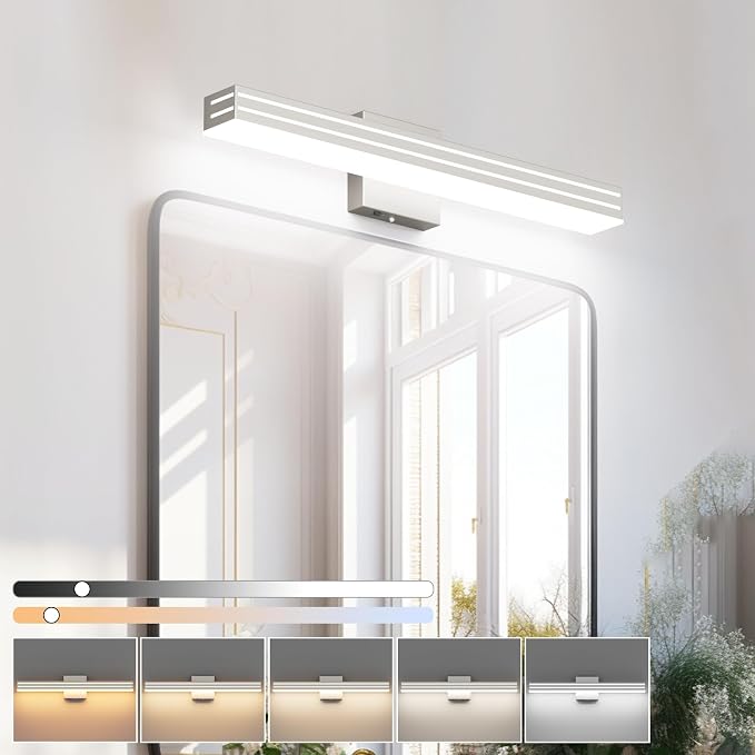 Ralbay 24inch Brushed Nickel Vanity Light with 5 Color Temperature (2700K-6000K) Dimmable Acrylic Metal 24W LED Modern Bathroom Vanity Light Bar