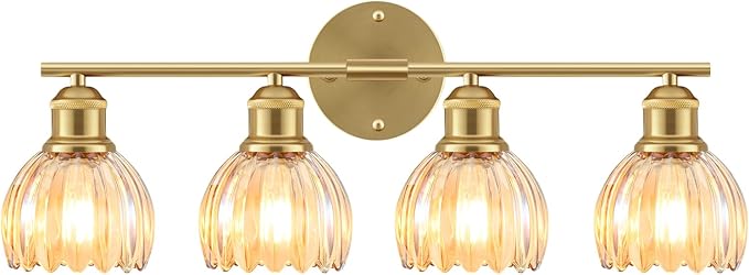 Bathroom Light Fixtures, 4-Light Brushed Gold Vanity Lights for Bathroom with Amber Tulip Glass Shade, 26" Vintage Bathroom Vanity Lighting Fixtures Over Mirror for Bedroom Living Room Hallway