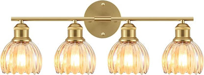 Bathroom Light Fixtures, 4-Light Brushed Gold Vanity Lights for Bathroom with Amber Tulip Glass Shade, 26" Vintage Bathroom Vanity Lighting Fixtures Over Mirror for Bedroom Living Room Hallway