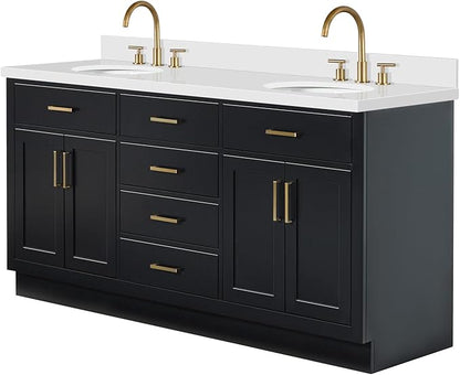 ARIEL Hepburn 72-inch Bathroom Vanity with Sink,Solid Wood, 1.5-inch Pure White Quartz Countertop & Backsplash, Double Oval Porcelain Sink, 4 Soft Closing Doors, 6 Dovetail Drawers, Black