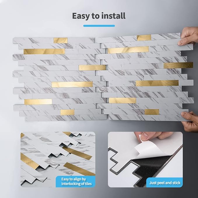 Art3d Faux Stone Peel & Stick Backsplash Tile, 10pcs, Gold Stud White Slate | PVC, Multi-Style Decor Sheets, Waterproof, Traceless Peel, No Wall Damage, Ideal for Kitchen