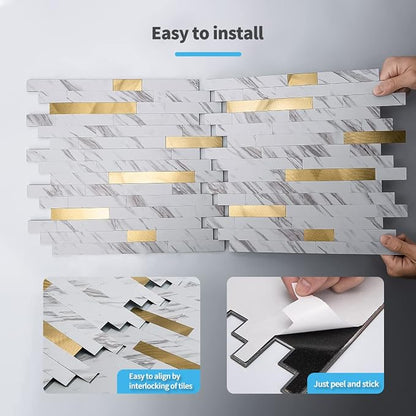 Art3d Faux Stone Peel & Stick Backsplash Tile, 10pcs, Gold Stud White Slate | PVC, Multi-Style Decor Sheets, Waterproof, Traceless Peel, No Wall Damage, Ideal for Kitchen