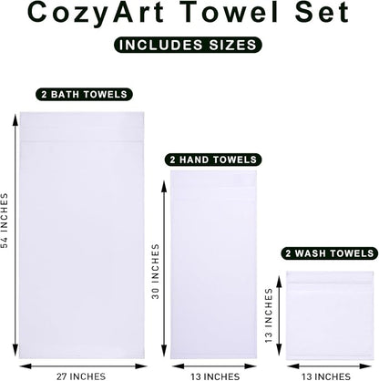 COZYART Bath Towel Set 6 PCS, Luxury White 100% Turkish Cotton 650GSM | Soft Absorbent Quick Dry, OEKO‑Tex 100 Cert. Zero Twist Ring Spun Cotton, Plush Fluffy, Breathable Hotel Quality Towels Set