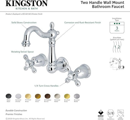 Kingston Brass KS1226AX Heritage Wall Mount Bathroom Faucet, Polished Nickel