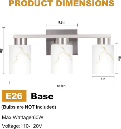 3-Light Bathroom Light Fixtures, Modern Vanity Lights, Brushed Nickel Metal Wall Lamp with White Marble Glass for Bathroom, Mirror, Living Room, Bedroom, Cabinet, Porch, Hallway, E26 Base