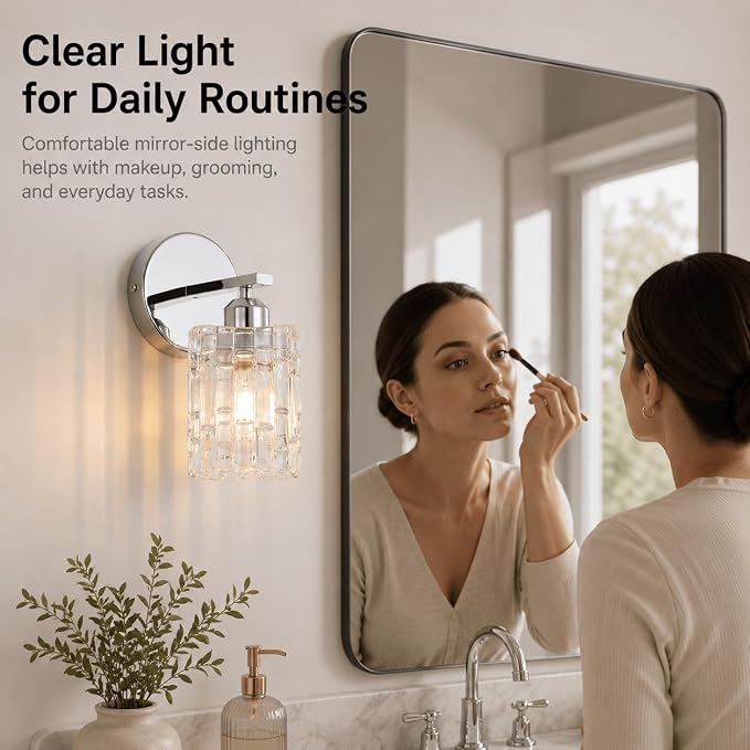 2-Pack Chrome Crystal Bathroom Vanity Lights, 1-Light Wall Mount Fixture for Over Mirror, Modern Wall Light for Bathroom, Bedroom, Hallway