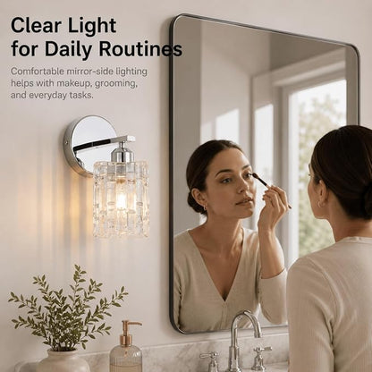 2-Pack Chrome Crystal Bathroom Vanity Lights, 1-Light Wall Mount Fixture for Over Mirror, Modern Wall Light for Bathroom, Bedroom, Hallway