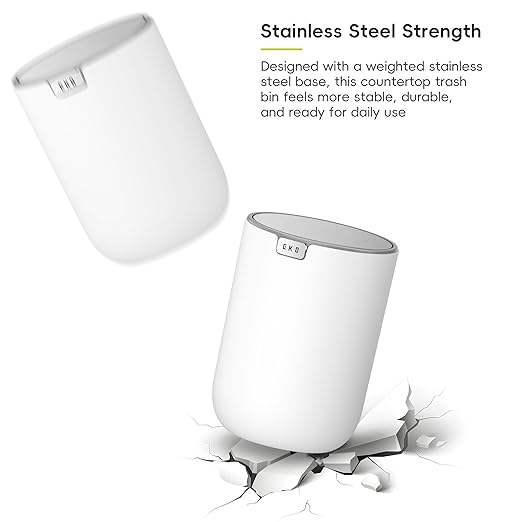 EKO Fandy 0.58 Gal/2.2L Mini Trash Can with Lid, Swing-Top Desktop Trash Can for Bathroom, Countertop, Vanity, Desk or Office, Small Garbage Bin (White) (Pack of 12)