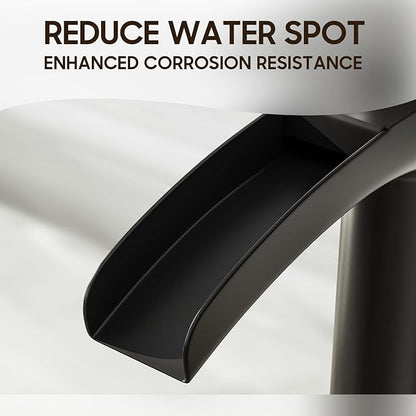 Phiestina Matte Black Tall Bathroom Vessel Sink Faucet, Waterfall Single Hole Single Handle Above Countertop Sink Bathroom Faucet, with Metal Pop Up Drain and Water Supply Lines, NS-SF01-MB-V