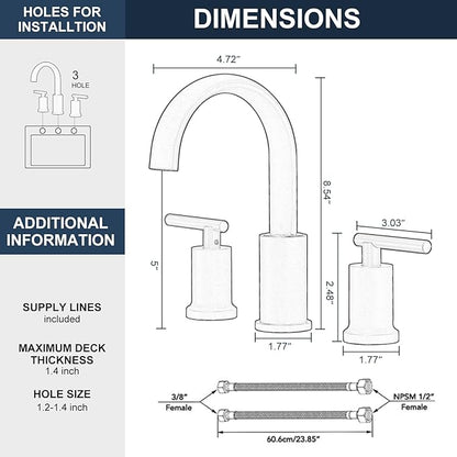 Brushed Nickel Waterfall Bathroom Faucet 3 Hole, Widespread Two Handle Bathroom Sink Faucet Vanity Faucet, 8 Inch Bathroom Faucets for Sink with cUPC Supply Lines and Pop-Up Drain