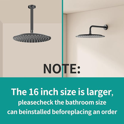 All Metal Rain Shower Head - Heavy Duty Stainless Steel, Easy Install, High Water Flow, Ultra-Thin Modern Design for Bathroom (D-Matte Black, 16)