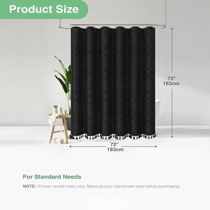 Boho Farmhouse Fabric Shower Curtain Tufted Geometric 72x72 Black | Elegant Tassel, Soft Lightweight Textured Cloth, Water Repellent, Washable, Hotel Spa, for Bathroom/Dorm/Apartment 12 Hooks