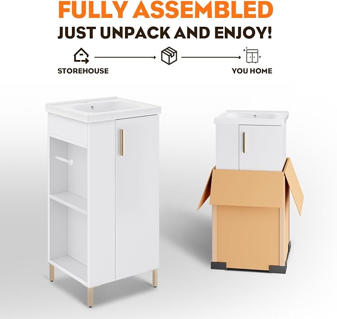 16 Inch White Pre-Assembled Bathroom Vanity Fit for Small Space, Bathroom Vanity with Ceramic Sink,Soft Close Door, Left Side Storage,Compact Modern Design,No Faucet,BV05-16-WHITE-PLUS-0128