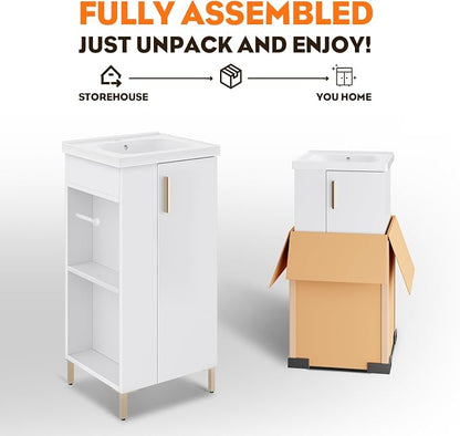 16 Inch White Pre-Assembled Bathroom Vanity Fit for Small Space, Bathroom Vanity with Ceramic Sink,Soft Close Door, Left Side Storage,Compact Modern Design,No Faucet,BV05-16-WHITE-PLUS-0128