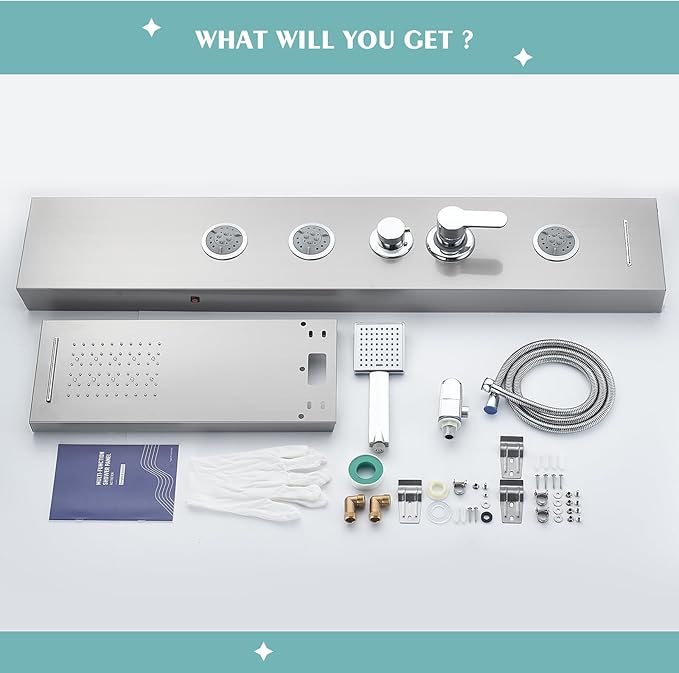 LED Shower Panel Tower System, 6-in-1 Shower Tower with Rainfall Waterfall Shower Head, 2 Modes Powerful Body Jets, Handheld Shower and Tub Spout, Stainless Steel Shower Column, Brushed Finish