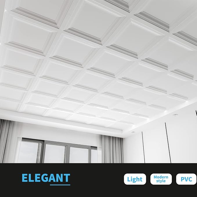 Art3d 24-Pack Square Drop Ceiling Tile 2ft x 2ft in White, PVC Ceiling Panel 24 x 24in. - Compatible with 15/16" Drop Ceil Grid System