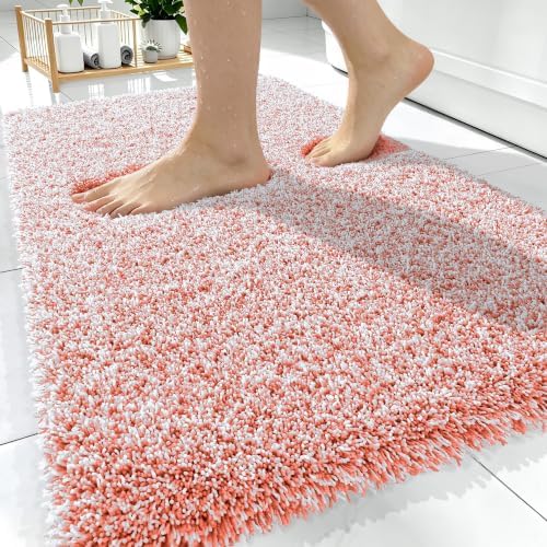 OLANLY Microfiber Bathroom Rugs 30x20, Quick Dry Bath Mat, Coral and White
