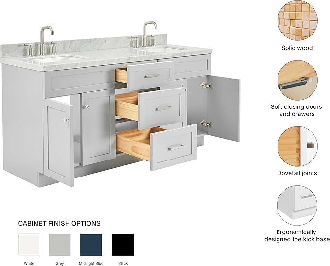 ARIEL Hamlet 72-inch Bathroom Vanity with Sink,Solid Wood, 1.5-inch Italian Carrara Marble Countertop & Backsplash, Double Rectangular Porcelain Sink, 4 Soft Closing Doors, 3 Dovetail Drawers, Grey