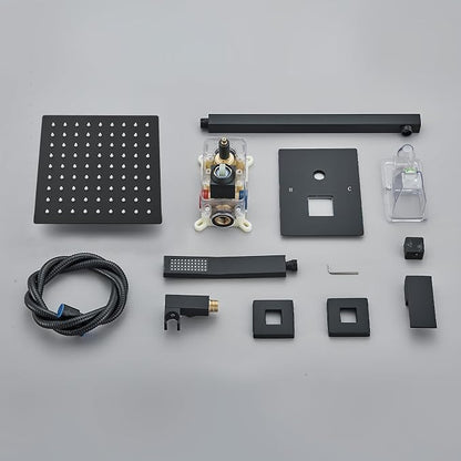 Shower Faucet Matte Black Shower System with 8 Inches Rain Shower Head and Handheld Spray Bathroom Luxury Rain Shower Faucet Set Complete Wall Mounted