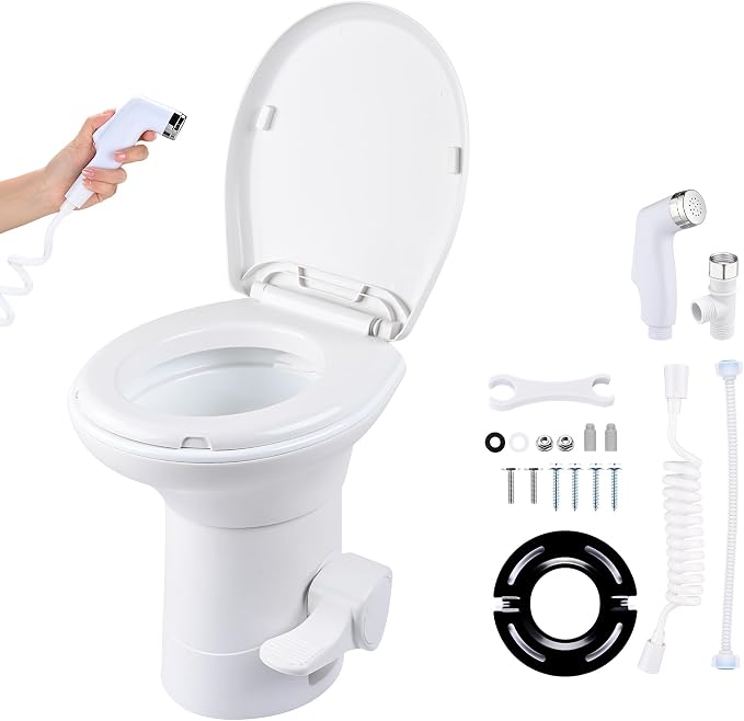 AW RV Camper Toilet with Bidet Spray, 20" High Gravity Flush Porcelain | Enamel & HDPE Elongated Toilet for Motorhome Caravan Travel Trailer