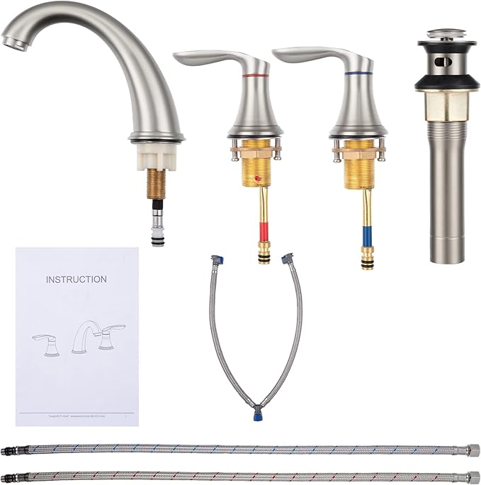 Bathroom Sink Faucet, Faucet for Bathroom Sink, Widespread Brushed Nickel Bathroom Faucet 3 Hole with Stainless Steel Pop Up Drain and cUPC Lead-Free Hose - (Brushed Nickel 2 Packs)