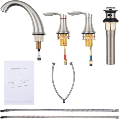 Bathroom Sink Faucet, Faucet for Bathroom Sink, Widespread Brushed Nickel Bathroom Faucet 3 Hole with Stainless Steel Pop Up Drain and cUPC Lead-Free Hose - (Brushed Nickel 2 Packs)