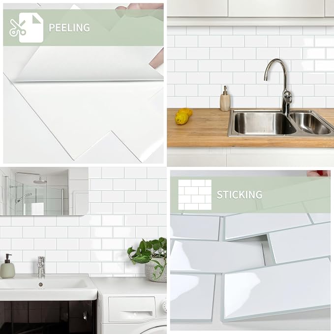 10-Sheet Thick Peel and Stick Kitchen Backsplash Tiles | 3D Subway Waterproof Self-Adhesive Wall Tile Stick on Backsplash for Kitchen and Bathroom(White Blue Grout, 12.6"×10.6")