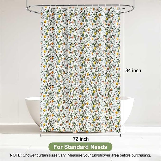 Floral Bird Shower Curtain 72x84, Hummingbird and Lemon Botanical Fabric Bath Curtains, Lightweight Quick-Dry Bathroom Decor Set with Hooks