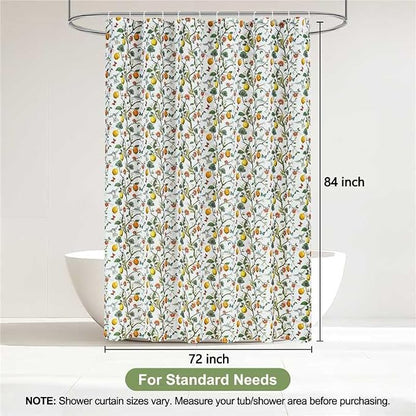 Floral Bird Shower Curtain 72x84, Hummingbird and Lemon Botanical Fabric Bath Curtains, Lightweight Quick-Dry Bathroom Decor Set with Hooks