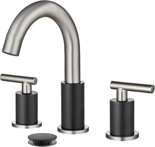 gotonovo 3 Hole 2 Handles Lavatory Basin Bathroom Sink Faucet with Pop Up Drain with Hot and Cold Mixer Valves 8 Inch Widespread Bathroom Faucet Black & Brushed Nickel