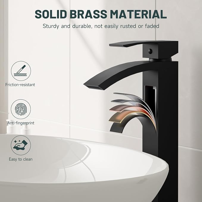 Matte Black Vessel Sink Faucet, Waterfall Bathroom Faucets | Brass, Tall Spout, Single Handle 1 Hole Bathroom Faucet, Modern Basin Taps with Supply Line, Pop Up Drain, Without Overflow
