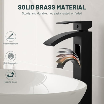 Matte Black Vessel Sink Faucet, Waterfall Bathroom Faucets | Brass, Tall Spout, Single Handle 1 Hole Bathroom Faucet, Modern Basin Taps with Supply Line, Pop Up Drain, Without Overflow
