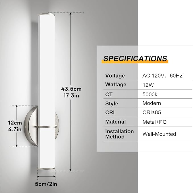 2-Pack 17.3” LED Vanity Light, 12W 1200LM 5000K Daylight Dimmable Bathroom Light Vertical or Horizontal, Modern Brushed Nickel Bathroom Led Wall Sconces, Energy Saving, for Mirror Living Room