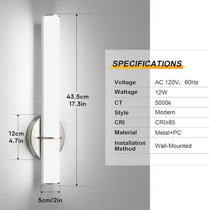 2-Pack 17.3” LED Vanity Light, 12W 1200LM 5000K Daylight Dimmable Bathroom Light Vertical or Horizontal, Modern Brushed Nickel Bathroom Led Wall Sconces, Energy Saving, for Mirror Living Room