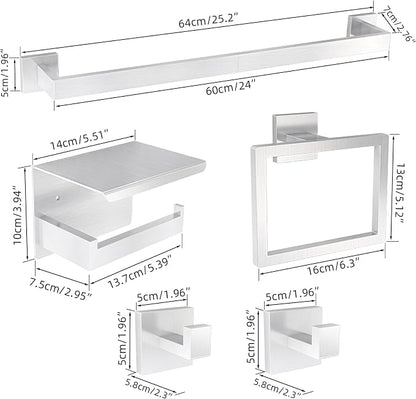 5-Pieces Bathroom Hardware Accessories Set, 24 Inch Stainless Steel Towel Racks for Bathroom, Towel Bar Set Towel Ring Coat Hook and Toilet Paper Holder with Shelf Wall Mounted, Brushed Silver