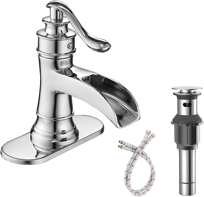 Bathroom Faucet Chrome Waterfall Bathroom Sink Faucets & Parts | with Pop Up Drain Stopper with Overflow Single Handle Single Hole Vanity Commercial Trough Supply Lines Hose Lead-Free