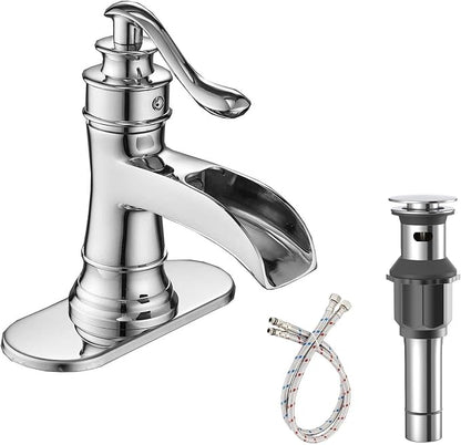 Bathroom Faucet Chrome Waterfall Bathroom Sink Faucets & Parts | with Pop Up Drain Stopper with Overflow Single Handle Single Hole Vanity Commercial Trough Supply Lines Hose Lead-Free