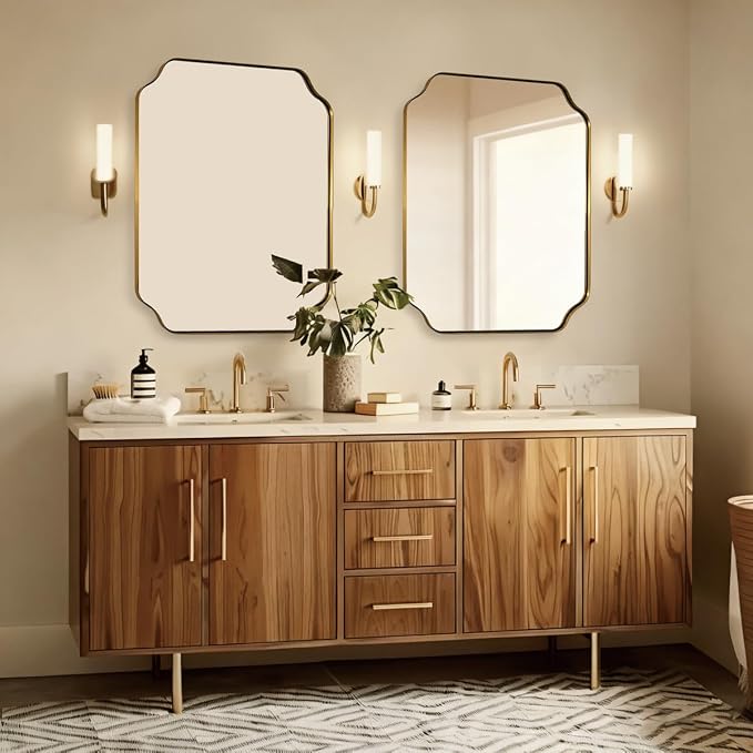 30"x36" Gold Bathroom Mirror, Brushed Brass Rectangle Mirror for Bathroom, Scalloped Vanity Mirror in Anti-Rust Stainless Steel Metal Thin Frame, Wall Mount Vertical or Horizontal