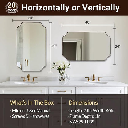 24x40 Inch Rectangle Bathroom Mirror, Brushed Nickel Scalloped Bathroom Mirror, Silver Bathroom Vanity Mirror, Unique Mirror in Rust-Proof Stainless Steel Frame (Horizontal/Vertical)