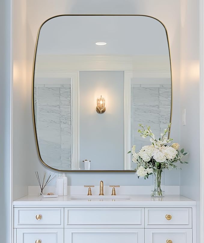 Gold Oblong Mirror, 36x40 Inch Gold Oval Mirror for Bathroom with Stainless Steel Metal Frame, Wall Mouned for Bathroom, Living Room, Entryway