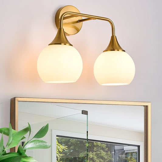 Gold Bathroom Light Fixtures 2-Lights Vanity Lights with Milk White Glass Shade Vanity Lights for Bathroom Modern Bathroom Wall Sconce(Exclude E26 Bulb)