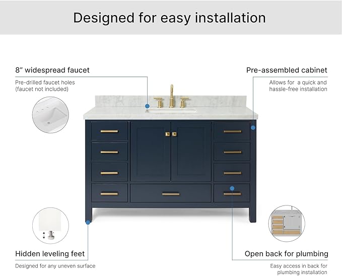 ARIEL Cambridge 54-inch Bathroom Vanity with Sink,Solid Wood, 1.5-inch Italian Carrara Marble Countertop, Single Rectangular Porcelain Sink, 2 Soft Closing Doors, 9 Dovetail Drawers, Midnight Blue