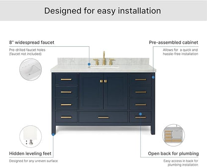 ARIEL Cambridge 54-inch Bathroom Vanity with Sink,Solid Wood, 1.5-inch Italian Carrara Marble Countertop, Single Rectangular Porcelain Sink, 2 Soft Closing Doors, 9 Dovetail Drawers, Midnight Blue